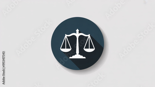Justice scale icon on dark blue circle with shadow on light gray background
