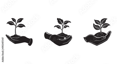 Black and white illustrations of hands holding plants with soil and leaves growing  symbolizing nature and growth