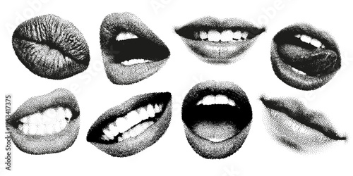 Collection of female lips in stipple dotwork technique, black and white style, perfect for beauty design, poster, tattoo concept and modern graphic artwork.