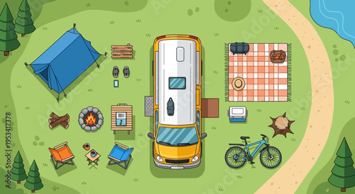 Camping road trip adventure with motorhome and bicycle