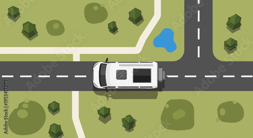 White SUV driving on road through green landscape