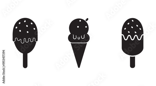 Black and white illustrations of ice cream pops and ice cream cone on white background  sweet treats and desserts