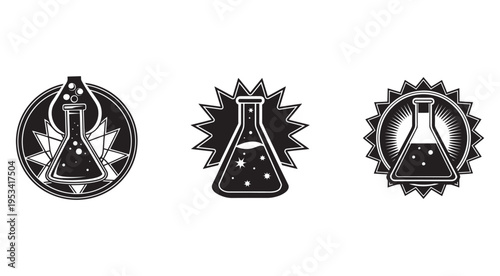 Black and white illustrations of laboratory flasks with starburst designs for science and chemistry concepts  laboratory equipment