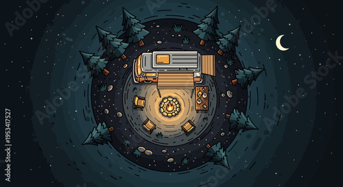 Campsite under starry night sky with camper van