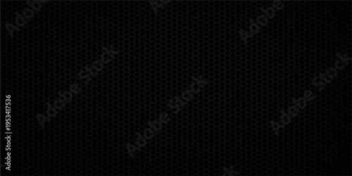 Seamless dark carbon fiber texture featuring a black industrial hexagon grid pattern on a metallic steel mesh backdrop for a gray vector material wallpaper design