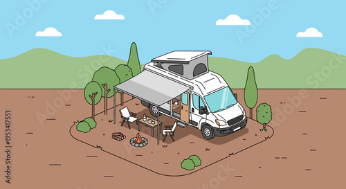 Motorhome on campsite with awning and outdoor furniture