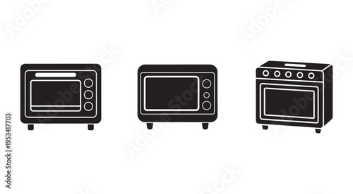 Black and white kitchen appliances icons including microwave and oven for cooking and heating food in home or restaurant setting