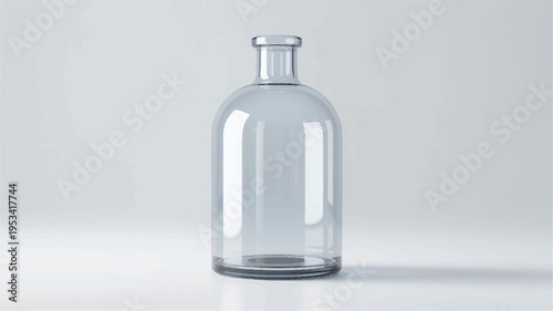 Clear glass bottle, upright, with rounded shoulders, minimalist studio product shot