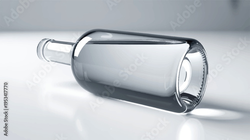 Clear glass bottle with liquid, lying on its side on a reflective surface, studio light
