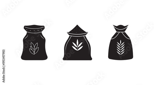 Black bags with white leaf designs on white background for food or product storage illustration