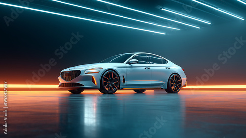 Futuristic white sedan showcased in a stylized studio with dramatic lighting, sleek design, and minimal background, highlighting innovation and modern automotive aesthetics.
