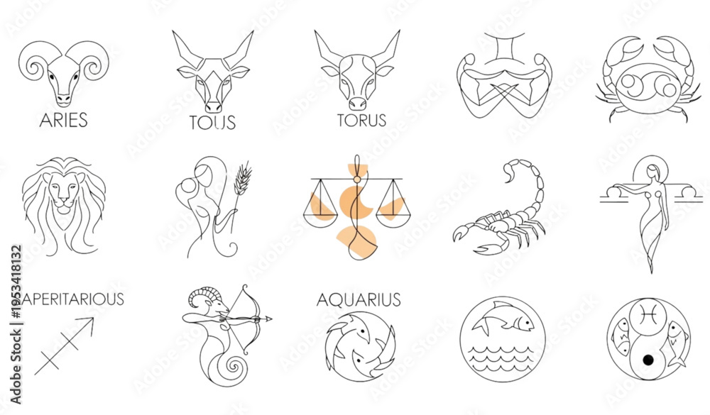 Obraz premium Black and white zodiac symbol icon set astrology t shirt design isolated on transparent background