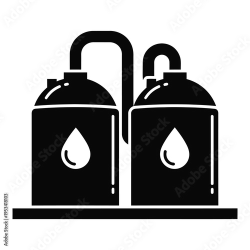 Black and white illustration of two oil barrels with drop symbol on each icon