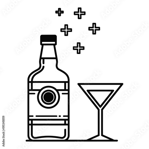 Black and white line drawing of bottle and cocktail glass with plus signs icon