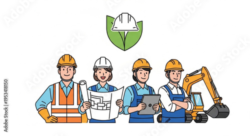 Construction Team Professionals Working Together on Site.