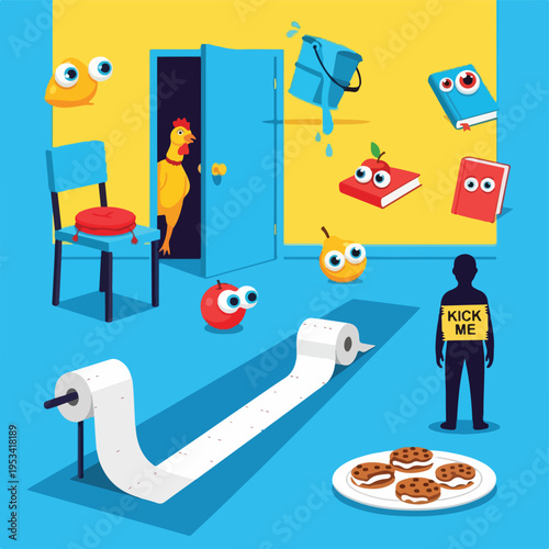 Whimsical illustration features anthropomorphic objects in a surreal setting