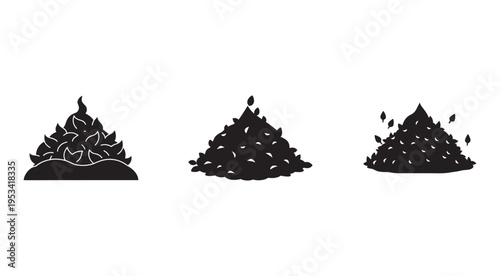 Black silhouette of three piles of leaves in different stages of decomposition on white background