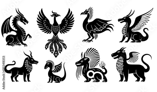 Black and white mythical creature illustration set for t shirt design isolated on transparent background
