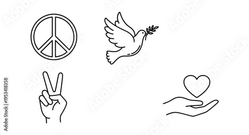 Peace Symbols Dove Hand Heart and Peace Sign.