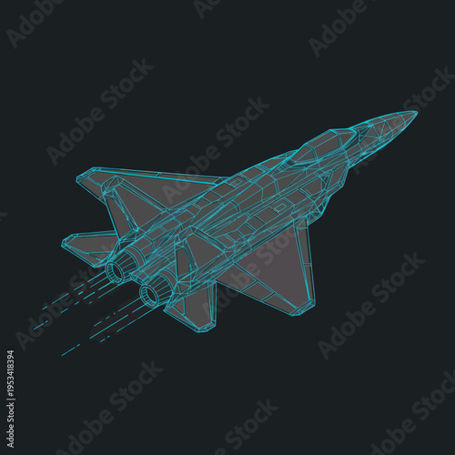 Fighter Jet Wireframe Model on Black Background.