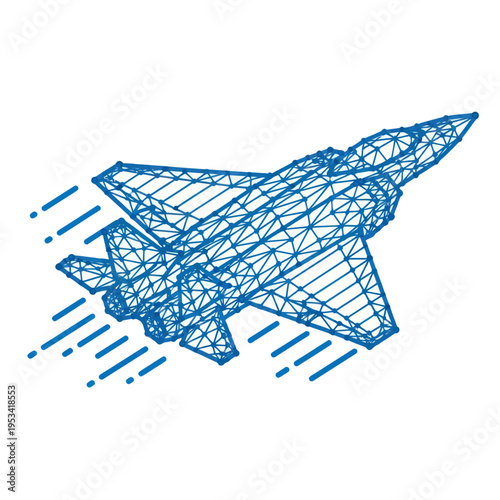 Blue Wireframe Fighter Jet in Motion.