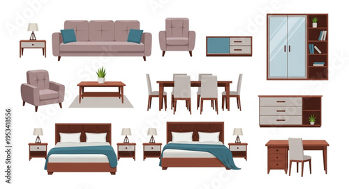 Collection of modern furniture for home interior design.