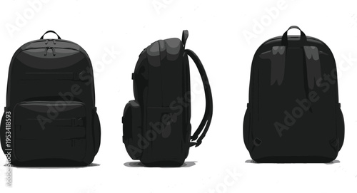 Black tactical backpack vector mockup set featuring front, side, and back views isolated on a white background