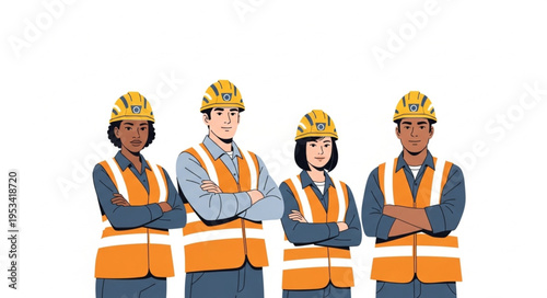 Diverse construction workers team wearing hard hats and safety vests.