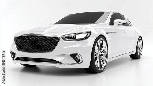 Sleek modern luxury white sedan isolated on clean white background, studio lighting, glossy finish, premium automotive design with minimal aesthetic.