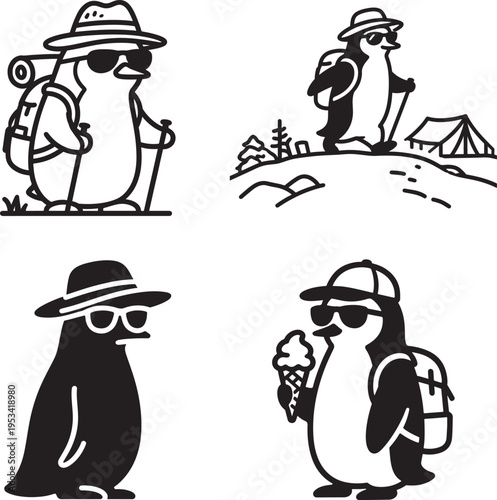 Adventurous Penguin Mascot Vector Set: Minimalist Black and White Icons of a Cool Penguin Character Hiking, Boating, and Camping with Sunglasses and Backpack