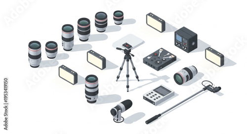 Collection of photography and videography equipment arranged on a white background.