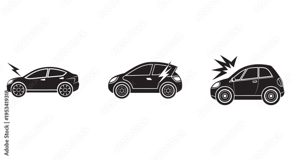 Fototapeta premium Blacksilhouetteofthreecarswithlightningboltsindicatingdamageorelectricshockonwhitebackground carsilhouetteswithelectricshockordamage