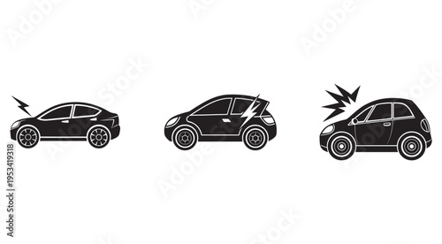 Blacksilhouetteofthreecarswithlightningboltsindicatingdamageorelectricshockonwhitebackground  carsilhouetteswithelectricshockordamage