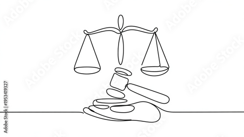 Law and justice concept with scales and gavel in a simple line drawing style on white background