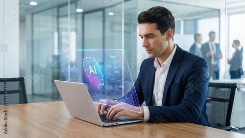 Businessman working with AI assistant hologram dashboard on laptop in meeting room. Automation concept.