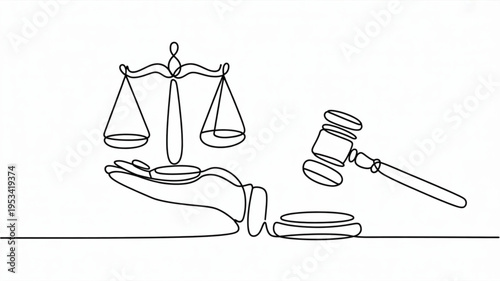 Justice scale and gavel in hand symbolizing law and order fairness and judgment in a simple line drawing