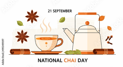 National chai day celebration with steaming cup and teapot spices and leaves on white background