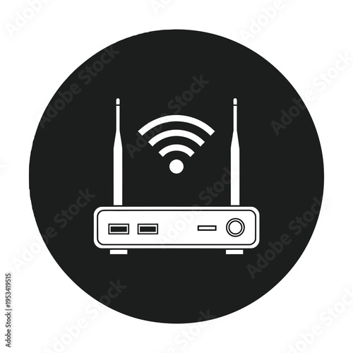 WiFi router with two antennas on a circular black background icon