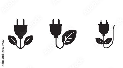 Eco friendly power plug icons with green leaves symbolizing sustainable energy and environmentally responsible electricity usage concepts  modern technology meets nature