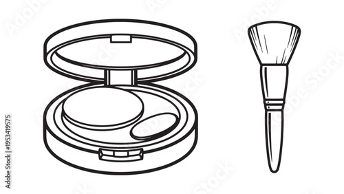 Cosmetic Powder Compact and Brush Line Icon Illustration for Beauty Studio Promotion, Skincare Advertising and Luxury Makeup Product Packaging Design