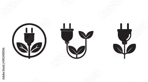 Eco friendly power plug with leaf icons for green energy and sustainable electricity concept  renewable energy and ecology symbol set
