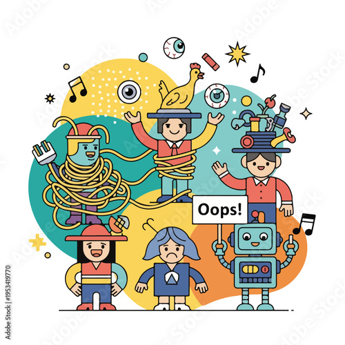 Whimsical illustration of characters with various eccentric objects