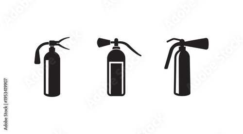 Fire extinguisher icons in black silhouette on white background  fire safety symbols  emergency equipment