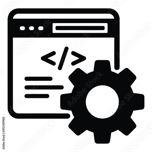 Black and white icon of a browser with coding symbols and gear  web development concept icon
