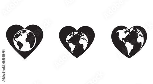 Heart shaped icons with earth globe inside  heart shaped icons with earth globe isolated on white background