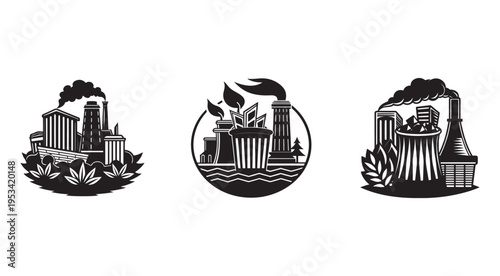 Industrial factory smokestack emissions pollution icons  industrial pollution factories smokestacks  environment pollution icons