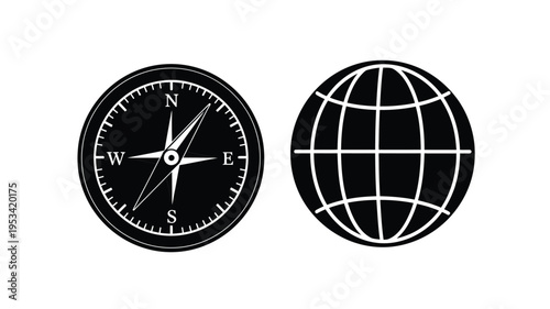 Compass and globe icons displayed in a minimalist black silhouette