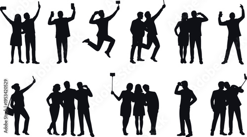 Collection of diverse people silhouettes taking selfies, using selfie sticks, jumping for photos, and posing in groups for social media and digital memories