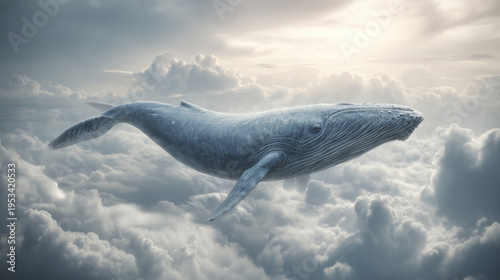 Surreal scene of a giant blue whale flying through a cloudy sky, blending ocean life with fantasy atmosphere, dreamy and imaginative visual concept.