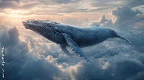 Surreal scene of a giant blue whale flying through a cloudy sky, blending ocean life with fantasy atmosphere, dreamy and imaginative visual concept.